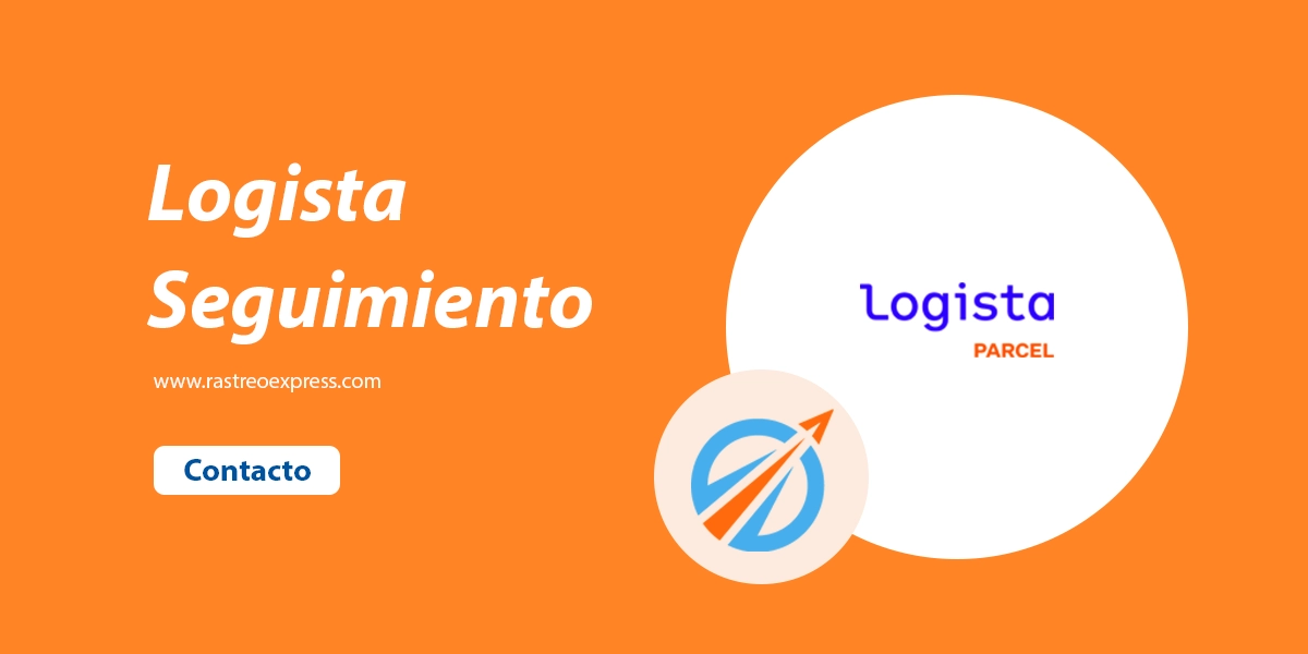 Logista Seguimiento en texto blanco con el logo de Logista en un gran círculo blanco y el icono de Rastreo Express en un círculo más pequeño, todo sobre un fondo naranja