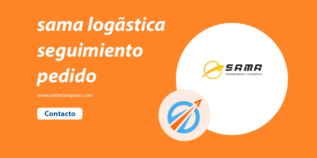 Texto de sama transportes seguimiento logística pedido en blanco, con los logotipos de Sama Transportes y Rastreo Express dentro de un círculo blanco sobre fondo naranja.