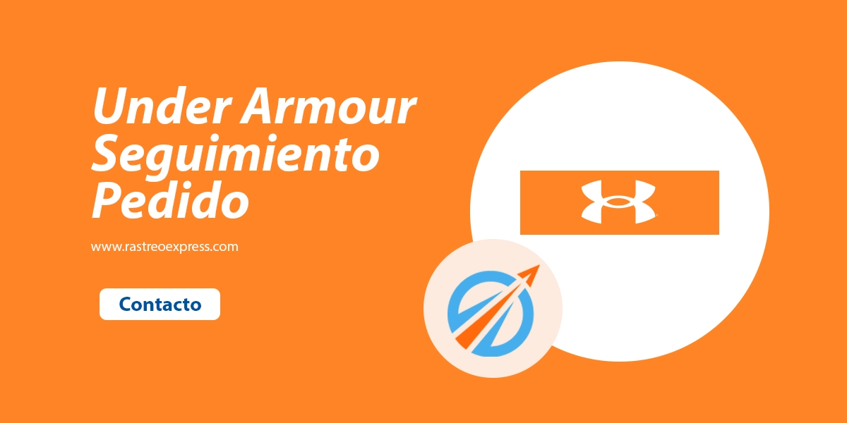 Texto de Under Armour Seguimiento en blanco, con los logotipos de Under Armour y Rastreo Express dentro de un círculo blanco sobre fondo naranja.